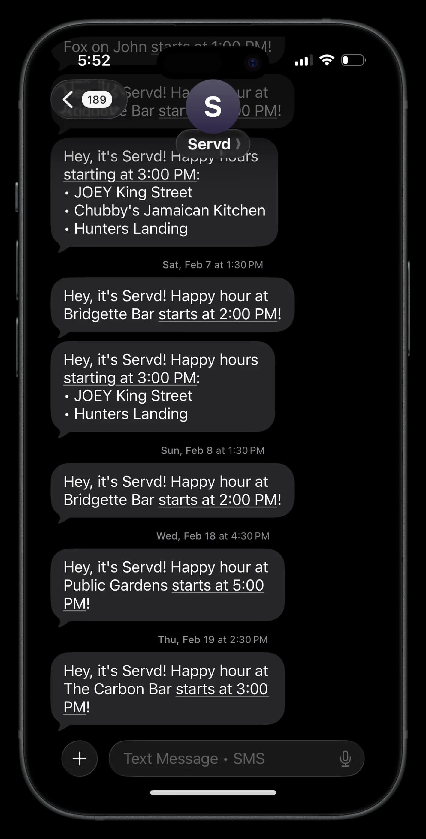 Servd text notification showing a happy hour deal is now live
