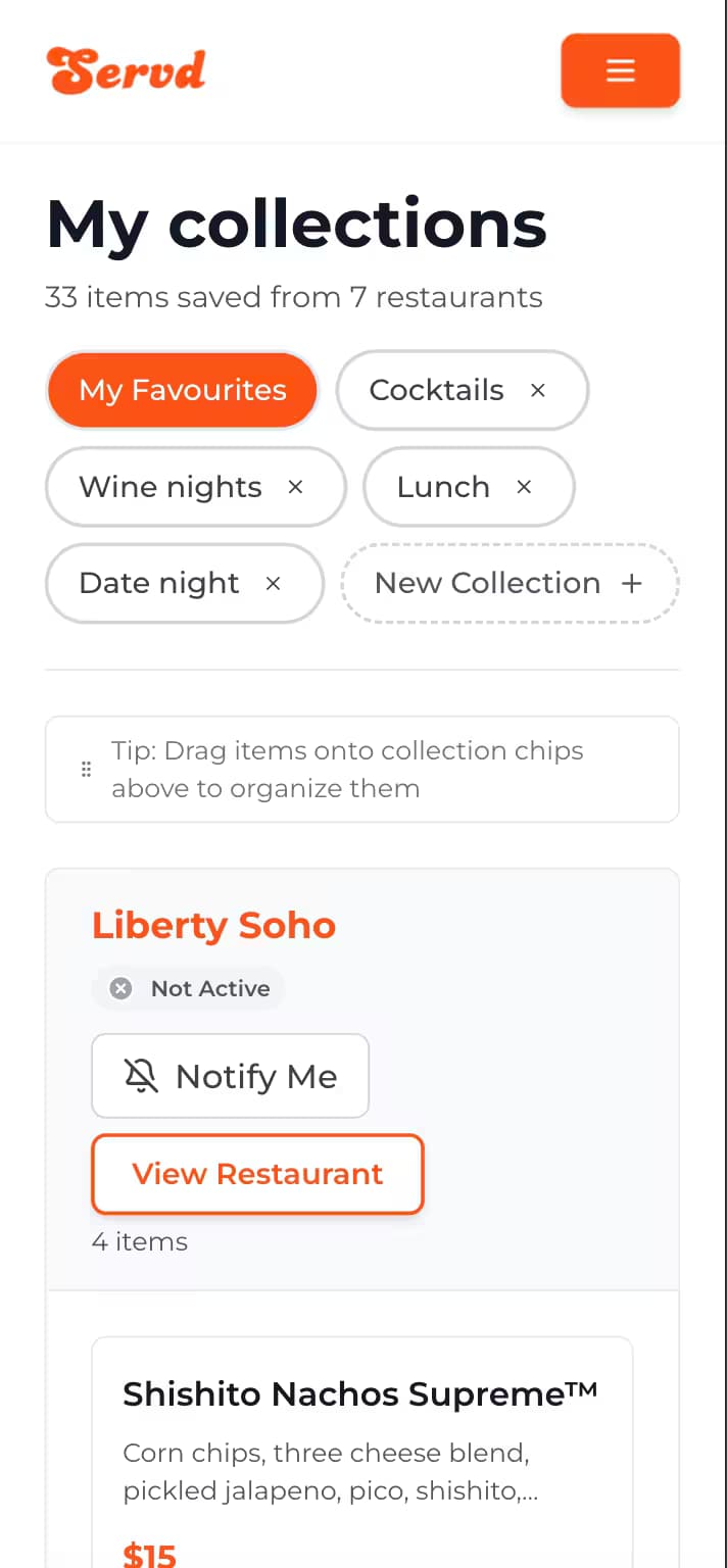 Collections of happy hour items on Servd app (phone)